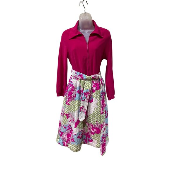 Vintage Komars Fuchsia Collared Dress With Floral Patchwork Skirt & Belt - Picture 2 of 8